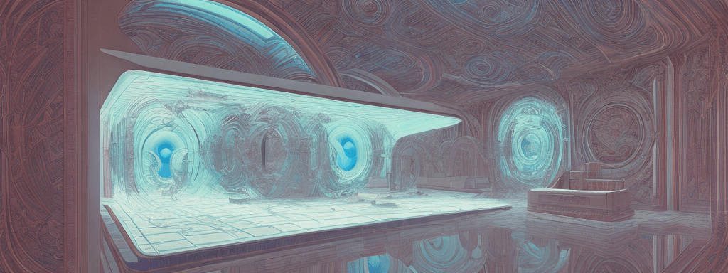AI generated: a 3d detailed painting inspired by moebius of a 4d mirror cabinet. inspired by technology. science f...