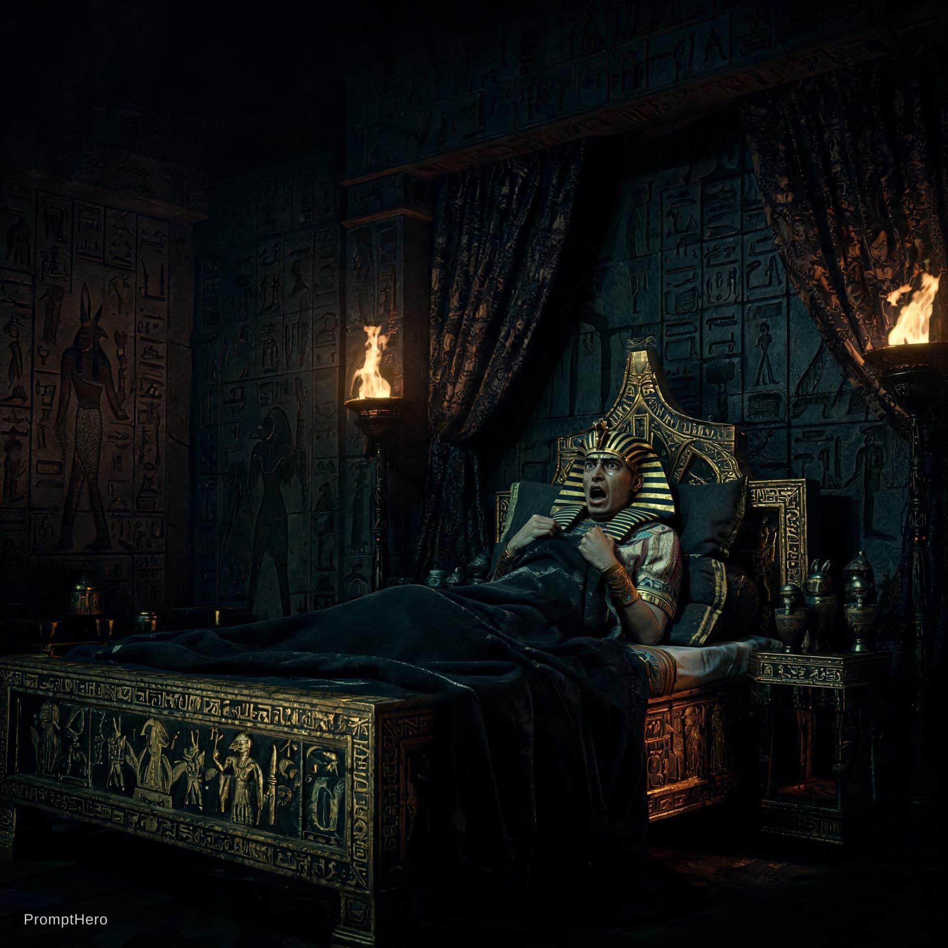 AI generated: cene 1 : Pharaoh Bad  Dream (Pharaoh`s bedroom use dark colors\ Ancient Egypt Theme)
