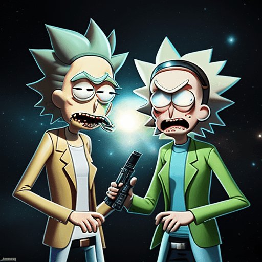 AI generated: Rick and Morty with sci fi blasters fighting together against Kosovo 