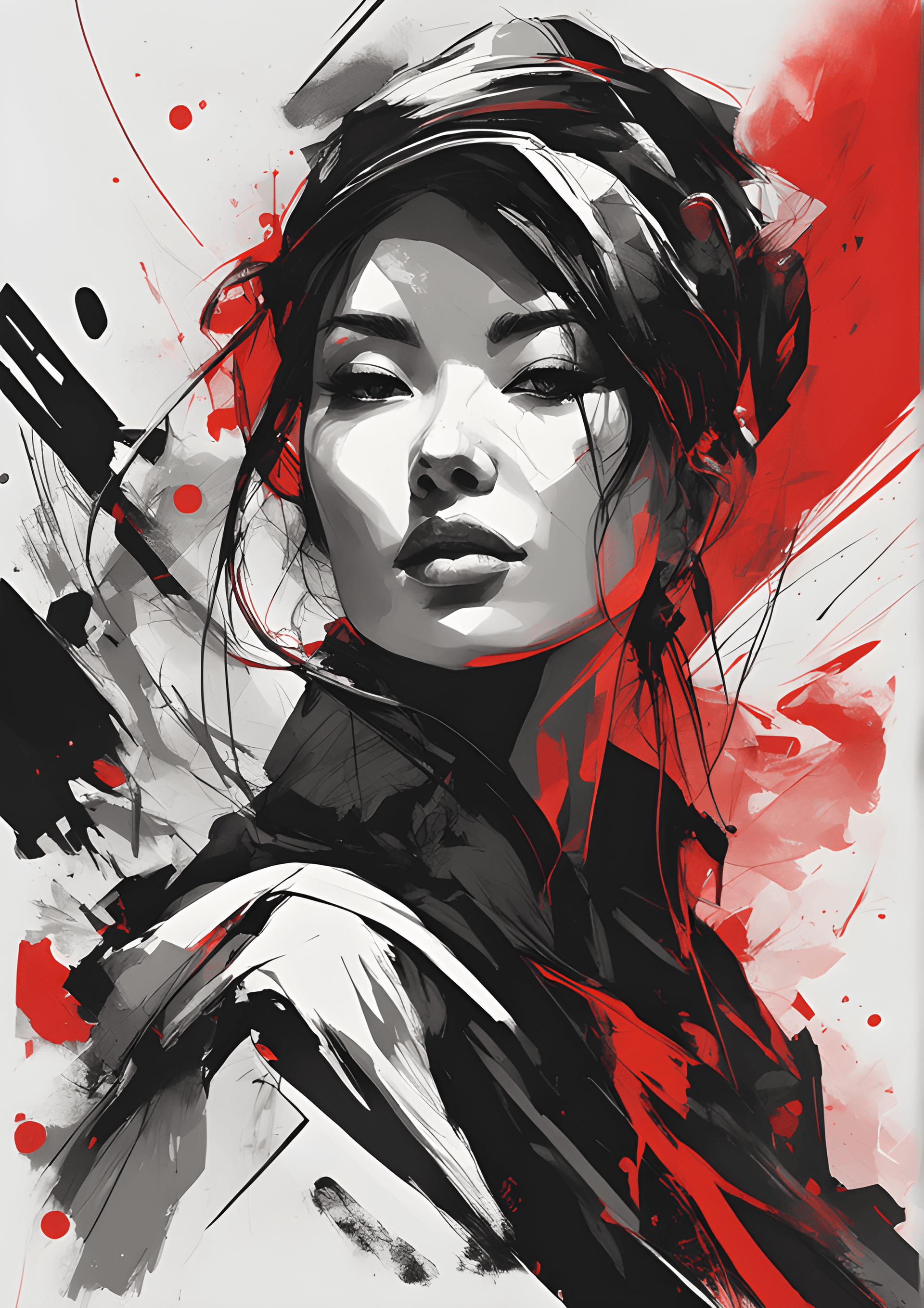 AI generated: Red and black, moon, line drawing, sketch, fashion, red colors, black background, ink painting in th...