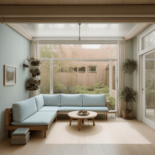 AI generated: High resolution photography interior design, dreamy sunken living room conversation pit, wooden floo...