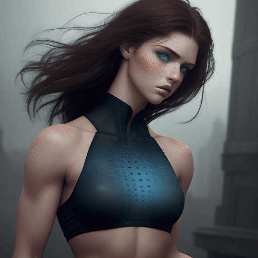 AI generated: Dark read hair, blue eyes, freckled face, beautiful charismatic girl,athletic body, gorgeous figure,...