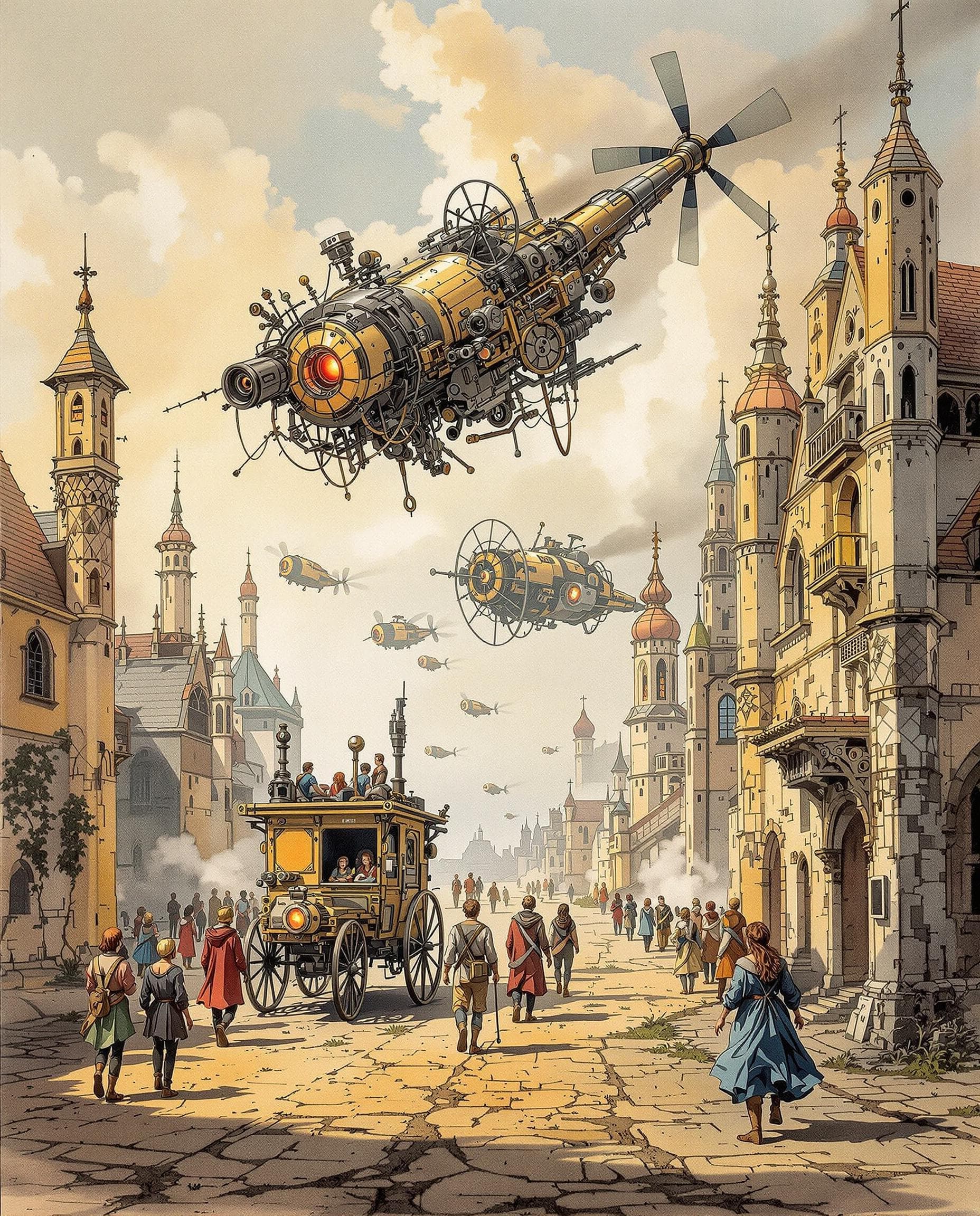 AI generated: Medieval scene, detailed oil color pencils and wet-on-wet colored ink  wash sketch of what life may ...