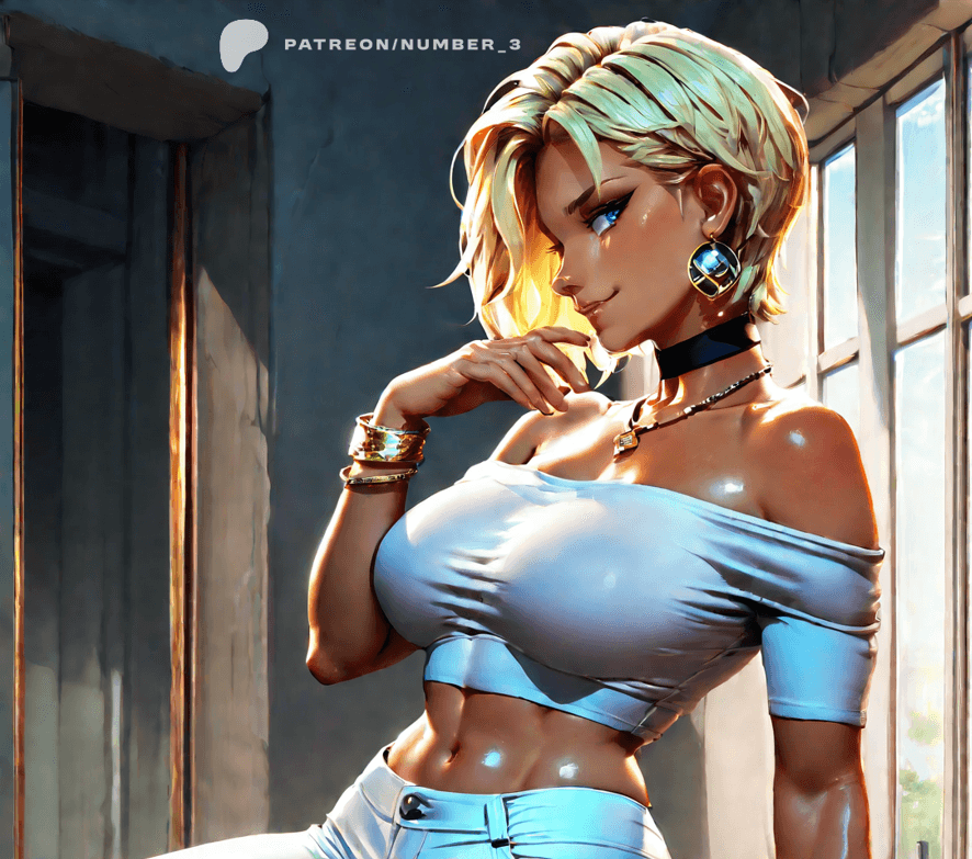 AI generated: 1girl, jewelry, solo, breasts, blue_eyes, bracelet, choker, blonde_hair, earrings, short_hair, large...