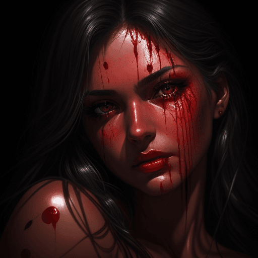 AI generated: blood drops on a woman's face, shiny eyes, elegant, lovely, dark, dramatic light, in the style of mi...