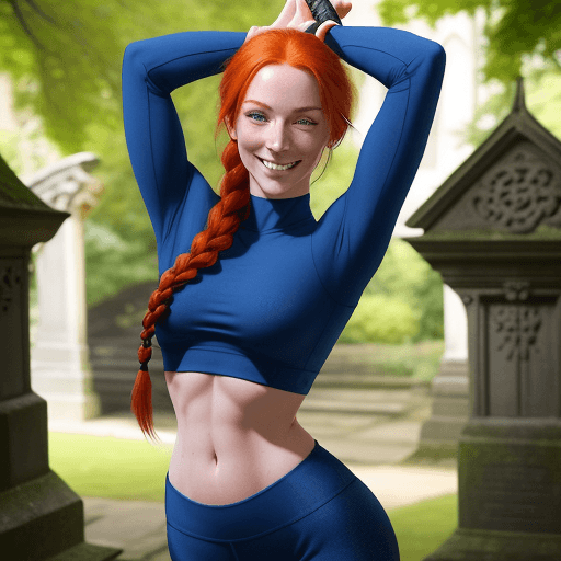AI generated: gorgeous redhead woman with freckles and blue skin, wearing yoga pants and a tight top, slim and ton...