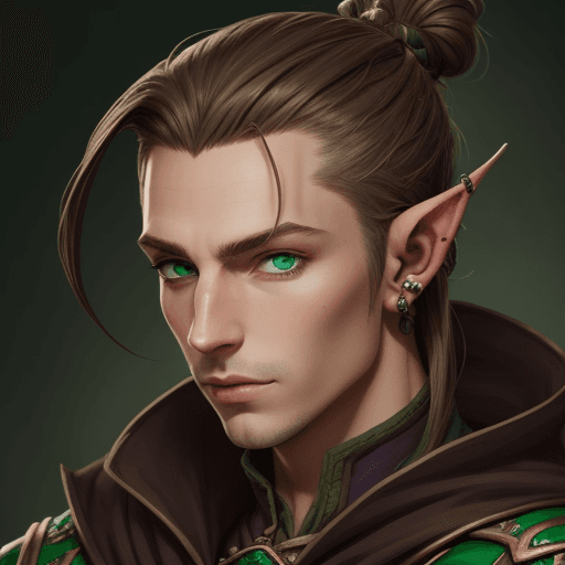 AI generated: for dnd: portrait of a high elf rogue with styled midlenght brown hair in a manbun and green eyes. H...