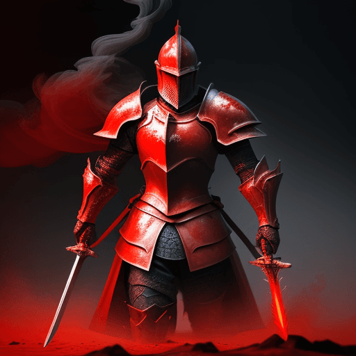 AI generated: make me a ink painting of a crimson red and gold knight,add a red lighting background ,add smoke and...