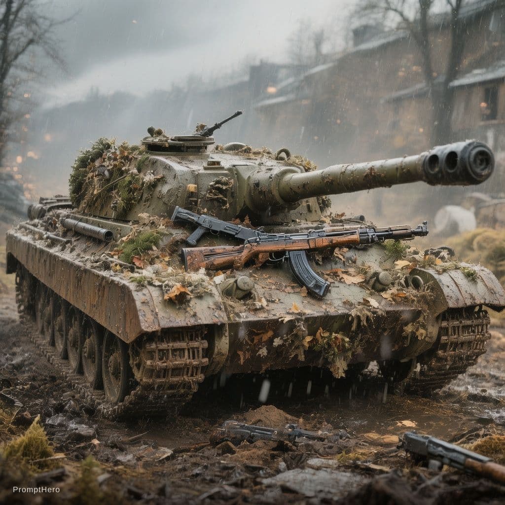 AI generated: papanoel nazi subido en un panzer Aleman repartiendo fusiles por navidad 