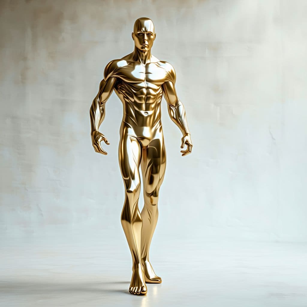 AI generated: A gold silver surfer inspired by the movie fantastic 4 and silver surfer however all features are ma...