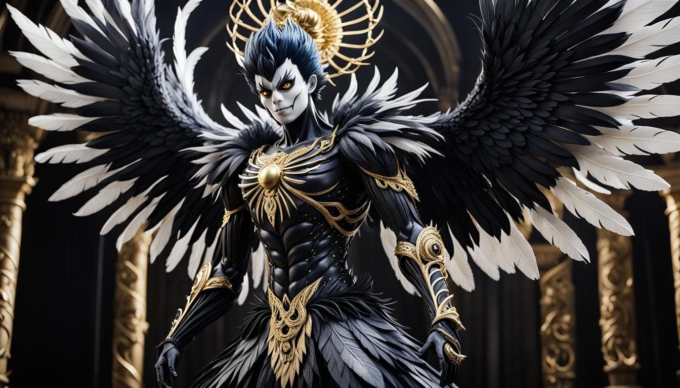 AI generated: "magnificent detailed RYUK from DEATH NOTE with BLACK wings, wings outstretched with gold tips on fe...