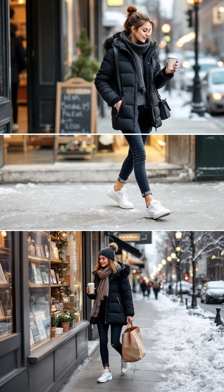 AI generated: Dressed in a chic black puffer jacket, skinny jeans, and white sneakers, she’s captured mid-step on ...