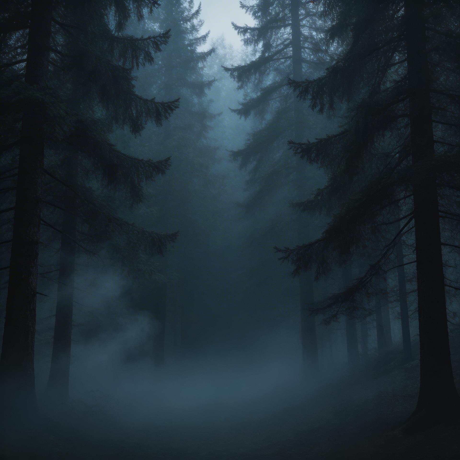 AI generated: dark foggy forest background, subtle mist, deep shadows between trees, cinematic lighting, mysteriou...