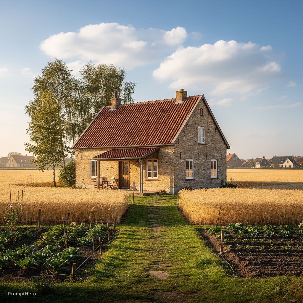 AI generated:  Genrate abeautifula farm house  in open vallage , in the farming ground 
