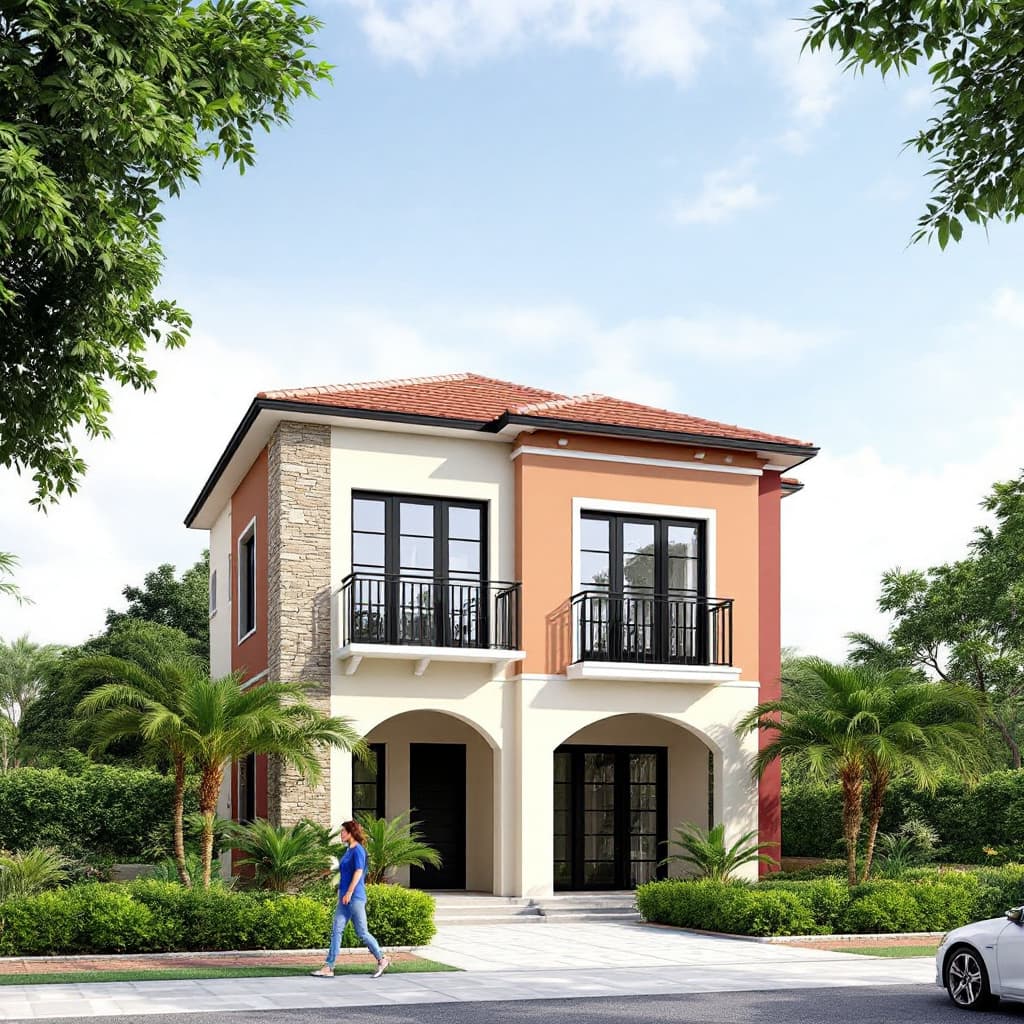AI generated: Generate a 3D rendering of a two-story, modern residential house with a symmetrical facade. The hous...