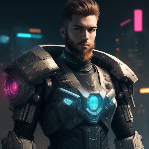 AI generated: young man, short beard, portrait, wearing tank armor, solo, cyberpunk, official art, unity 8k wallpa...