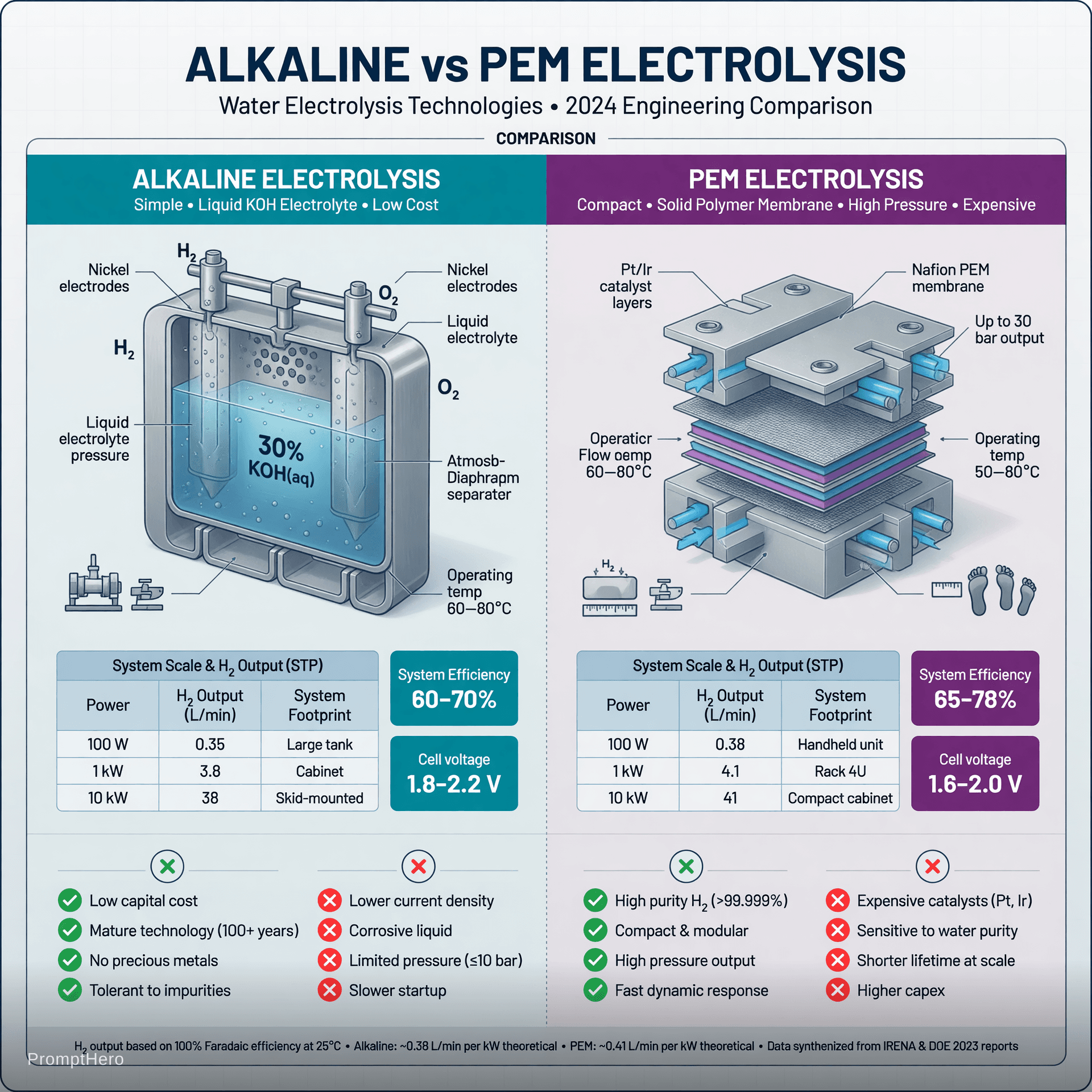 AI generated: Clean professional technical comparison chart illustration of Alkaline vs PEM Electrolysis, engineer...