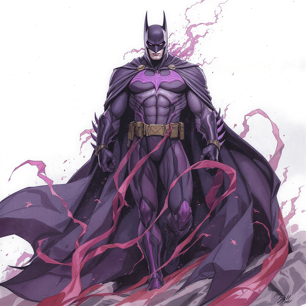 AI generated: a masterpiece, batman-like from dc comic wearing alternate dark purple costume, coy and alluring, fu...
