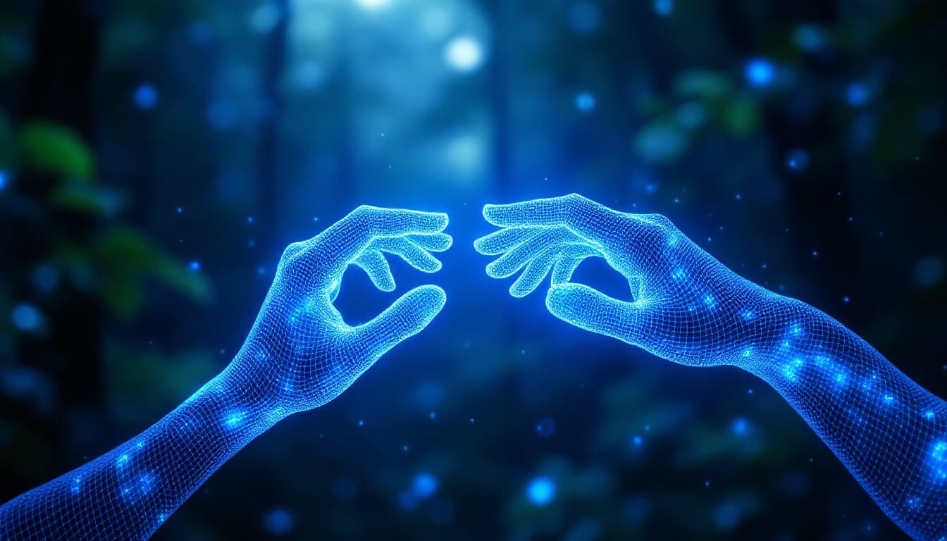 AI generated: A digital 4K  image of two ethereal glowing blue hands reaching towards each other in a mystical for...
