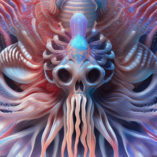 AI generated: Goddess close-up portrait ribcagel. jellyfish phoenix head, nautilus, orchid, skull, betta fish, bio...