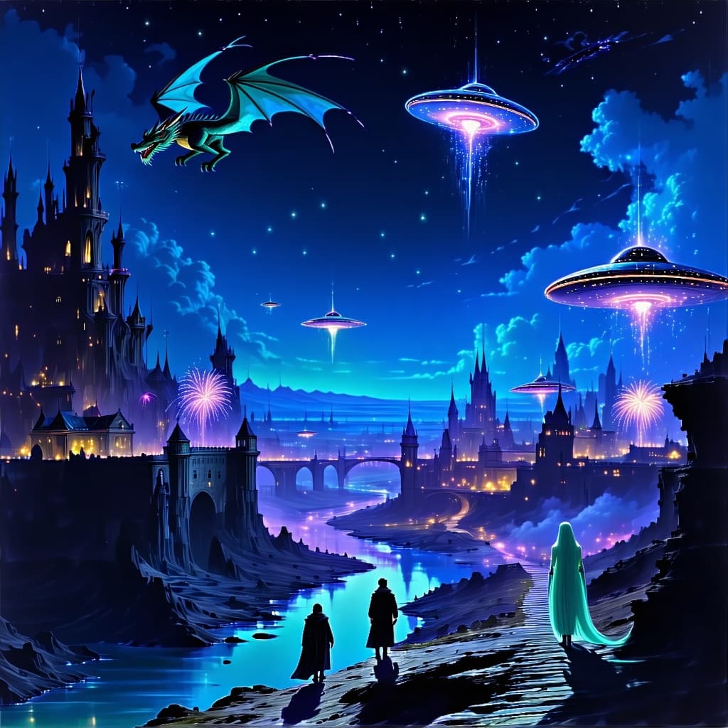 AI generated: Surrealistic, psychedelic. deep color and high detail. A futuristic world at night with dragons flyi...