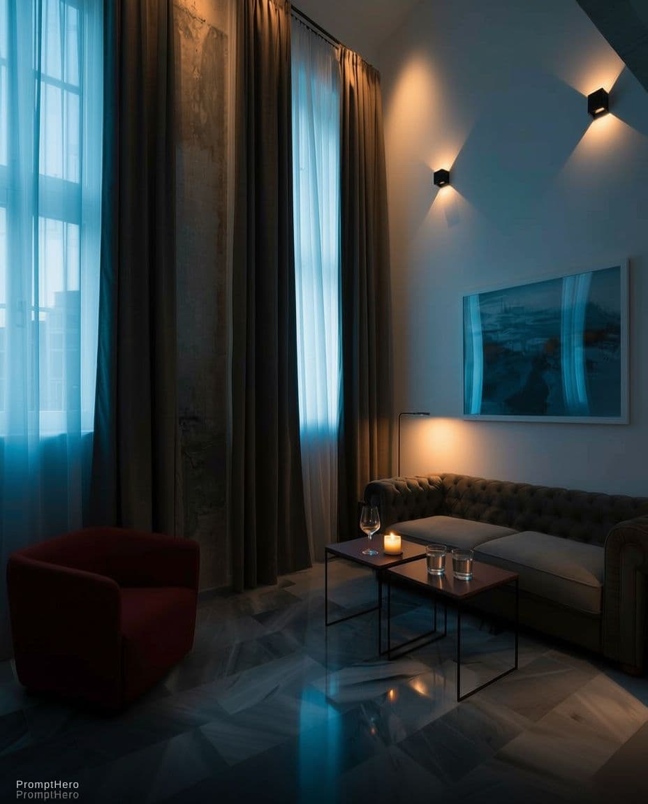 AI generated: Convert daylight to evening / night ambience:

Reduce overall brightness (-20 to -35%)

Add cooler s...