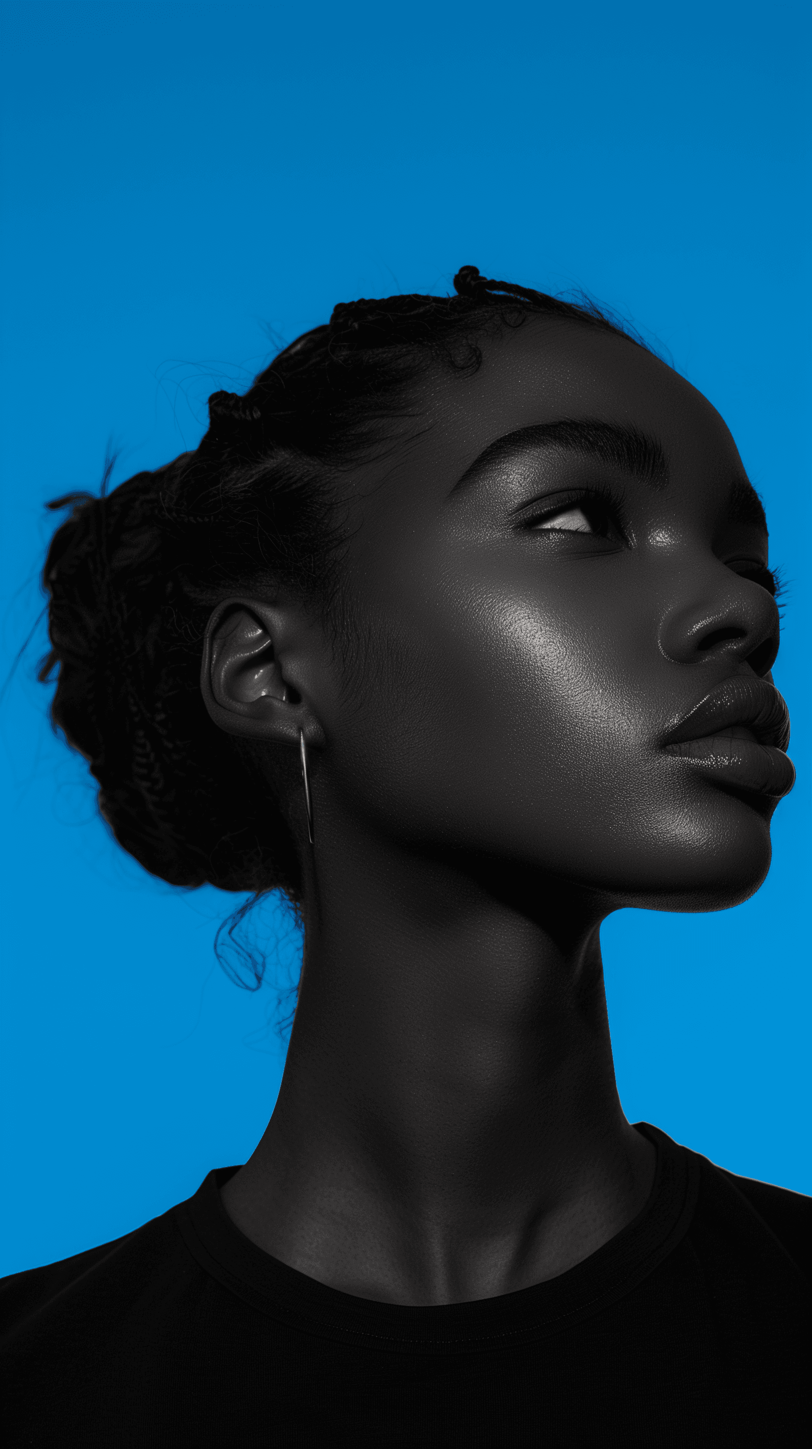 AI generated: photography, side shot, upper-body, professional black woman model, gaze, contrast, all blue hue, so...