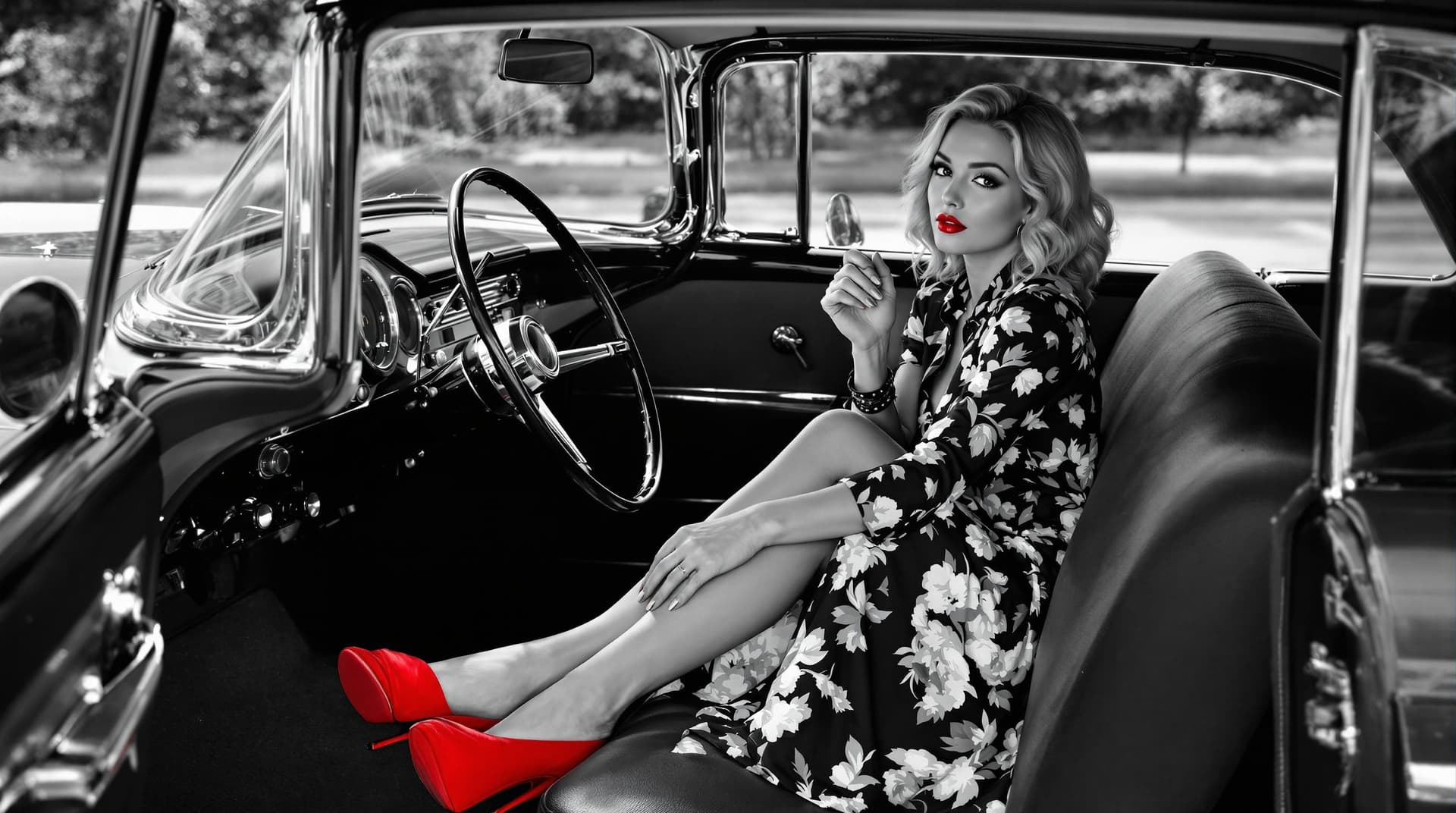 AI generated: A nostalgic black-and-white image of a stylish vintage scene featuring a blonde woman sitting inside...
