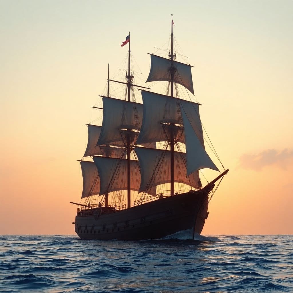AI generated: Photo of a ultra realistic sailing ship, dramatic light, pale sunrise, cinematic lighting, battered,...