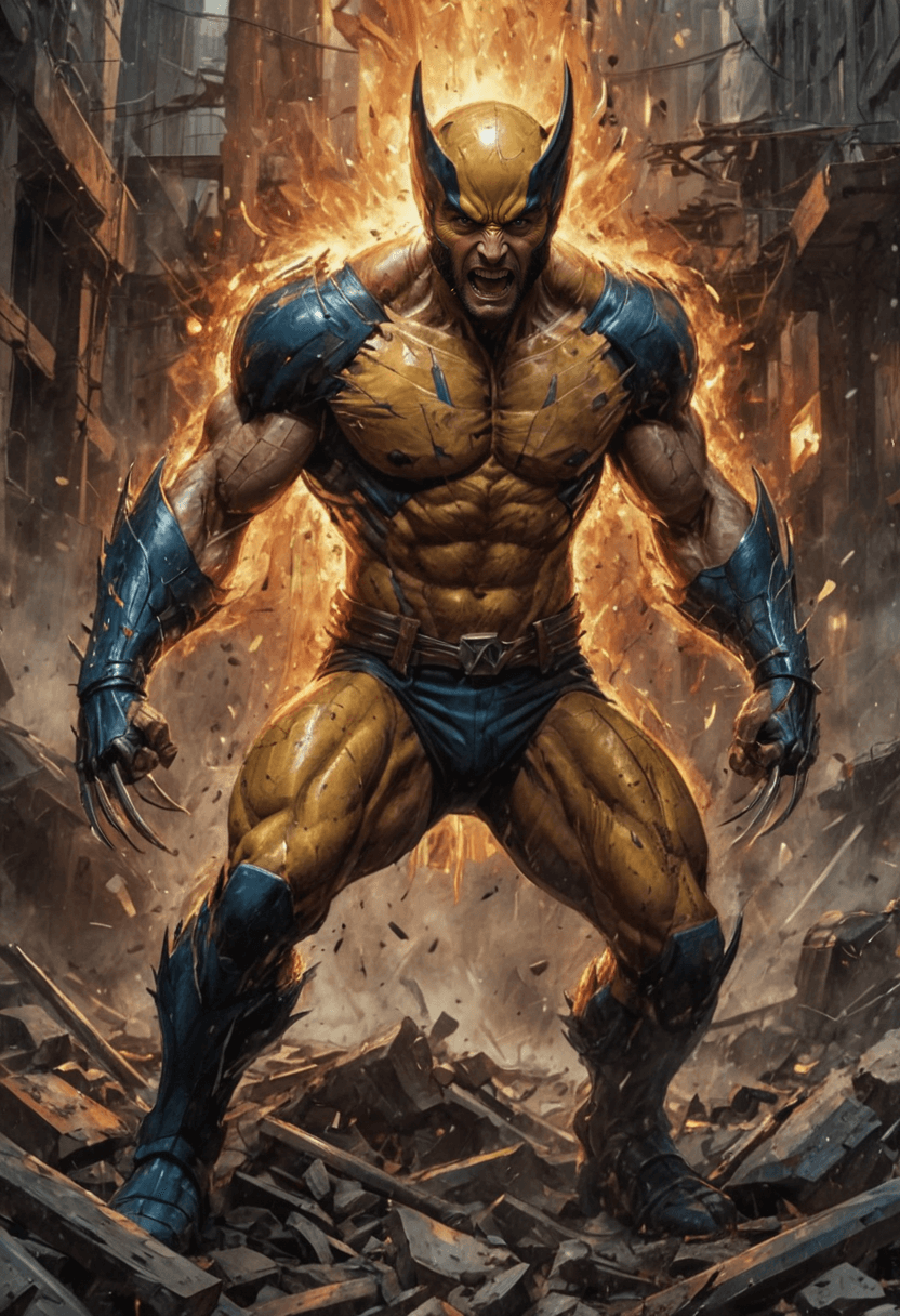 AI generated: In the illustration, Wolverine stands in the midst of a fierce battle, his body half human, half cyb...