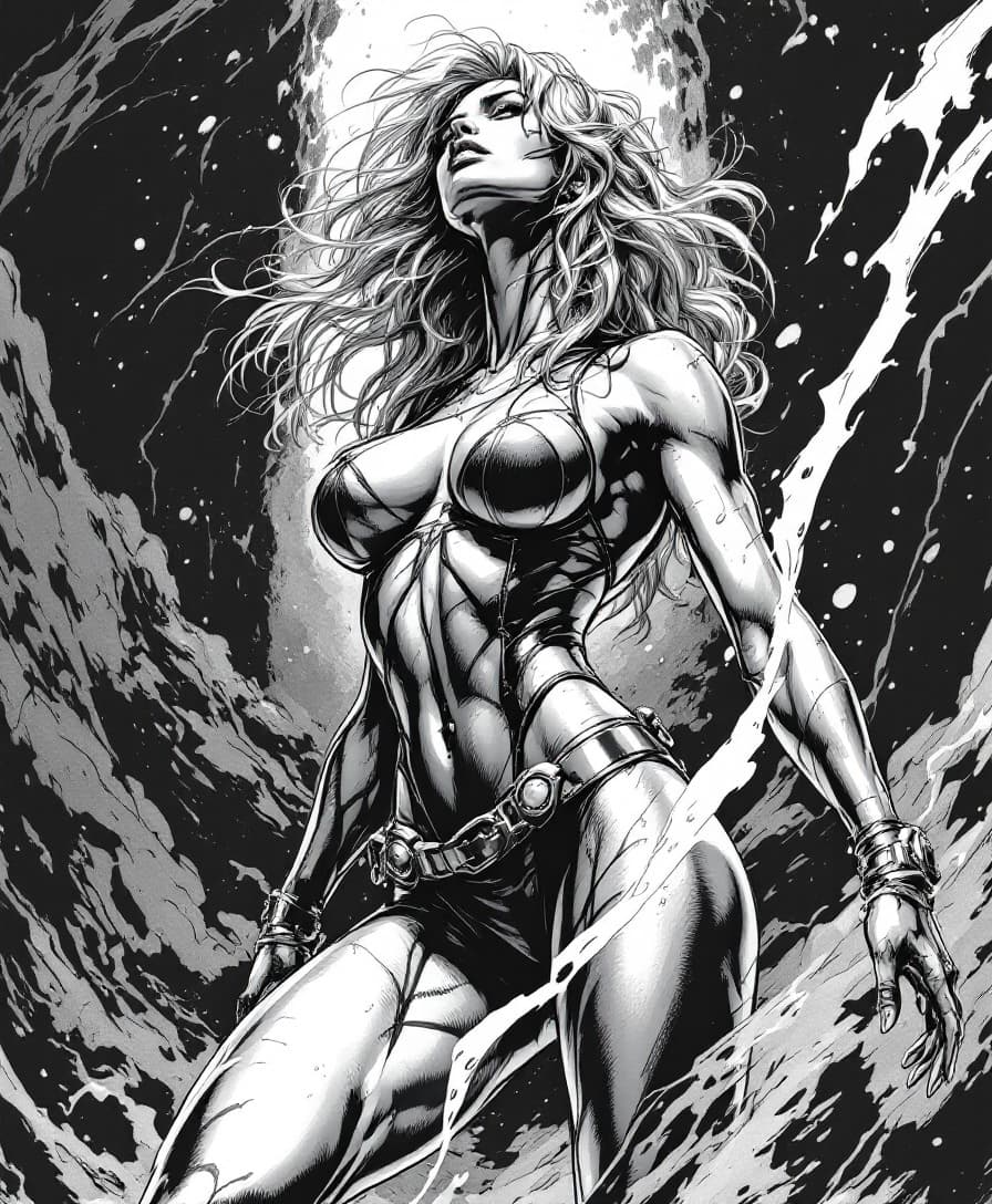 AI generated: female in 90s Top Cow comic style, dynamic pose, inked line art, comic book illustration, detailed s...