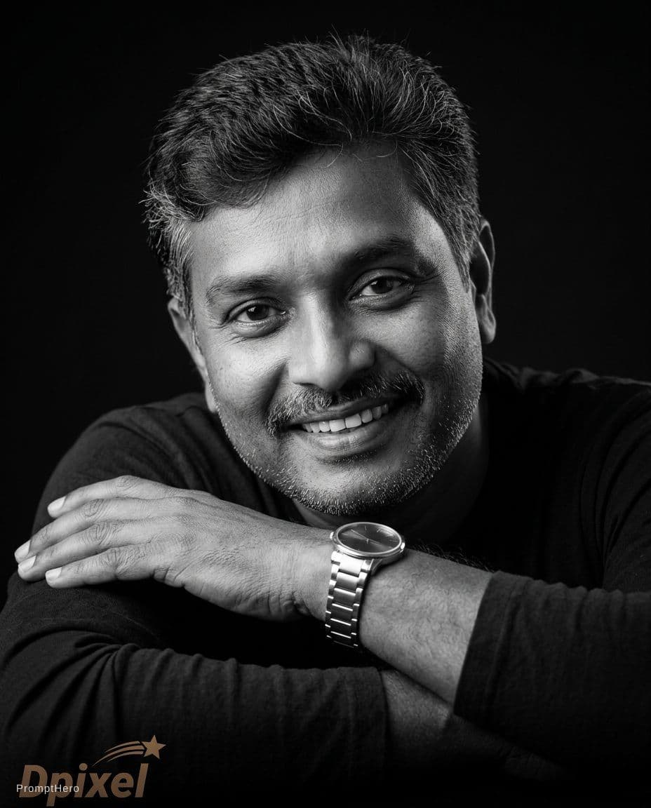 AI generated: Ultra-realistic cinematic black and white portrait of a smiling upload image leaning forward with ar...