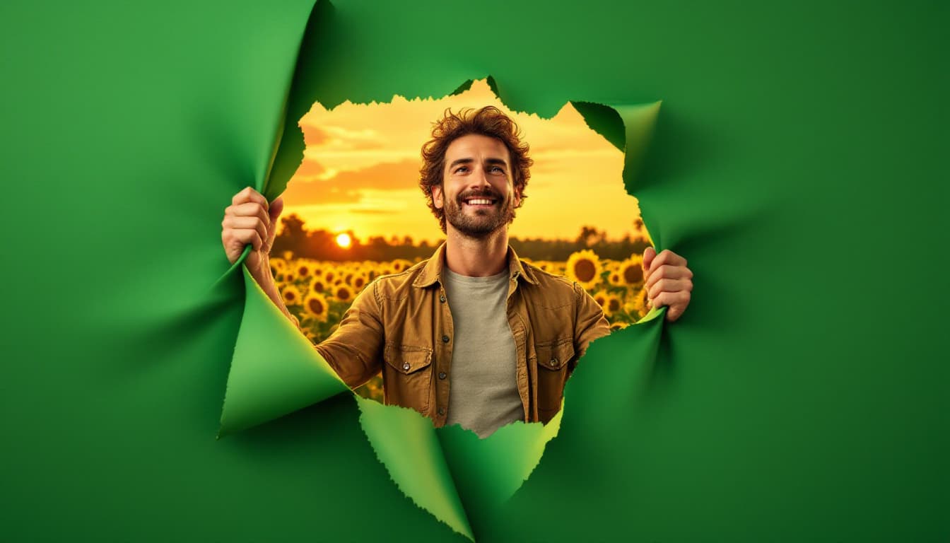 AI generated: A photo of a European man with a confident expression tearing a green paper wall. He reveals a tropi...