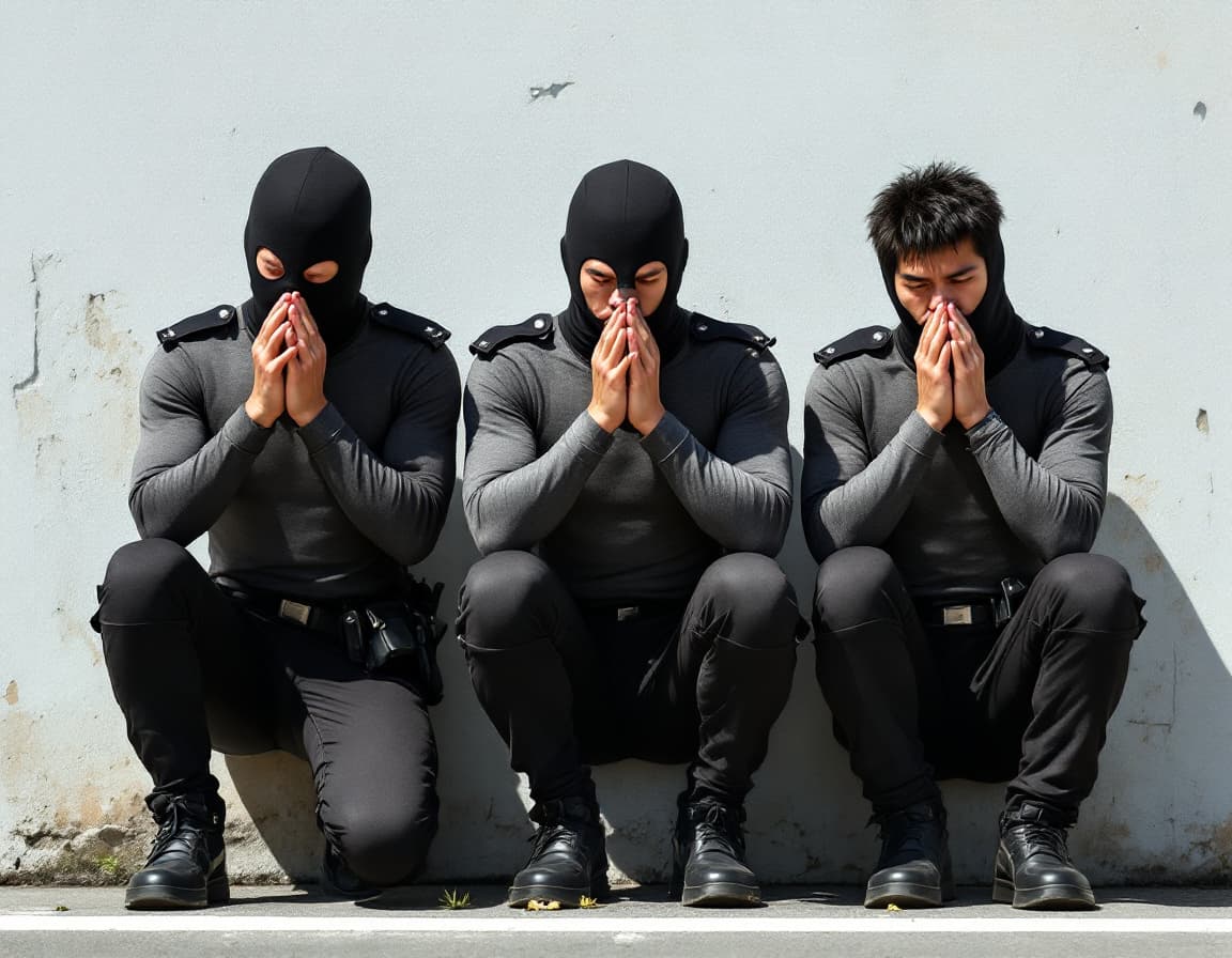 AI generated: Three male Asian Chinese wear compression jammers were arrested by policemen in day time. They are u...