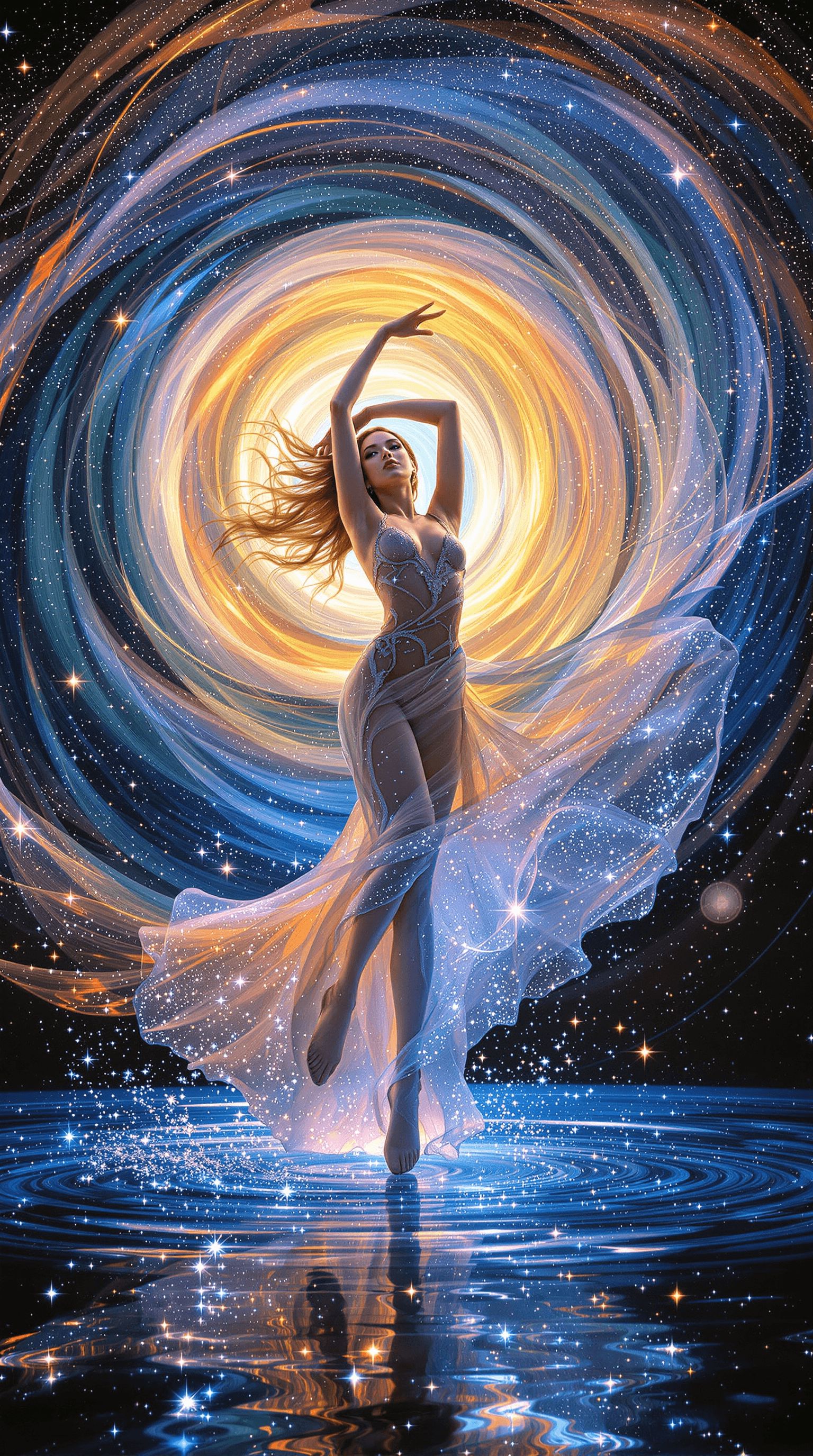 AI generated: A pretty, graceful dancer with a lithe and elegant figure, her long, flowing hair seeming to blend w...