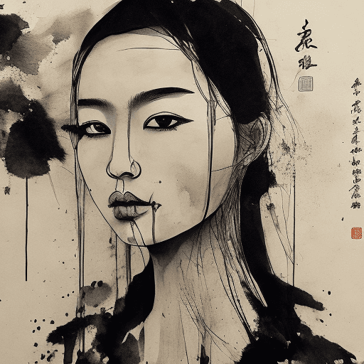 AI generated: Portrait of a woman, chinese ink, dripping art