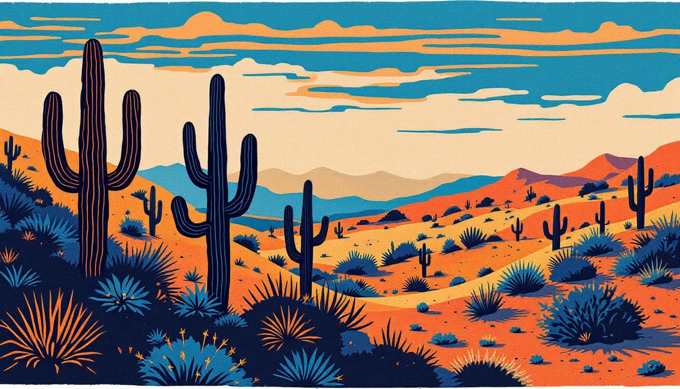 AI generated: Risograph print of a desert landscape with cactus, simple linocut style, with a colorful background ...
