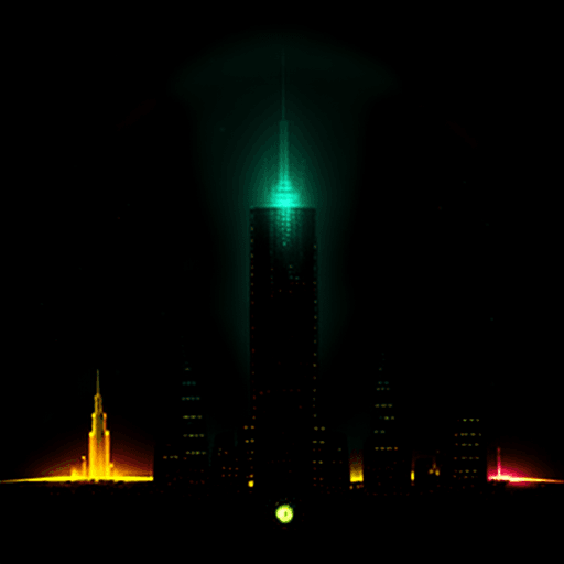 AI generated: city in space, each building glows a different color, the city is guarded by a creature