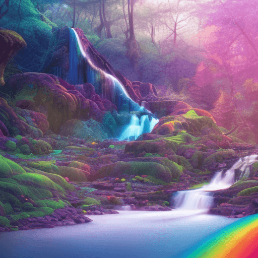 AI generated: Rainbow Waterfalls flowing up to the cliffs above in an enchanted forest on Pluto, Photorealistic, D...