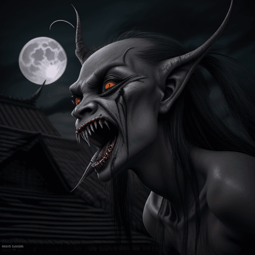 AI generated: Aswang, female scary creature with fangs, at the roof of a house, full moon in the background, dark,...