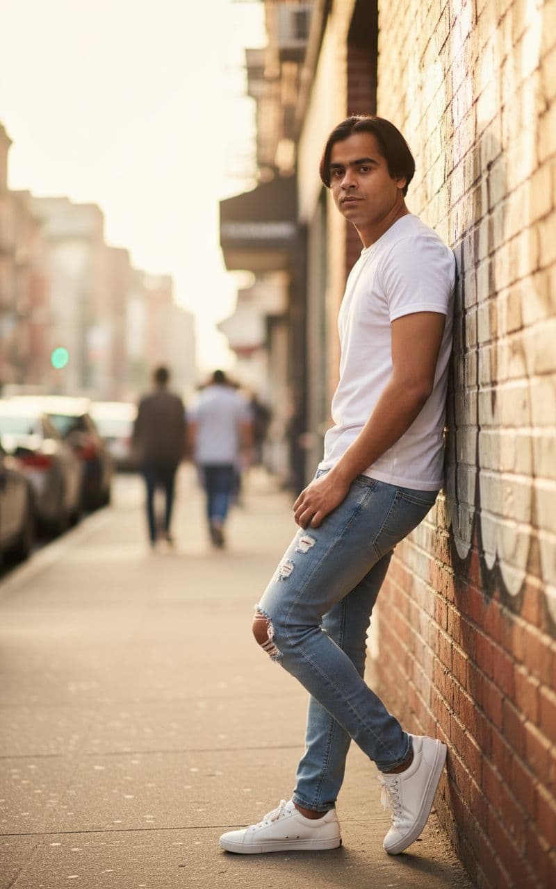 AI generated: a stylish young man with a lean, toned physique height 5feet 6inch, brown eyes, black hair same as r...