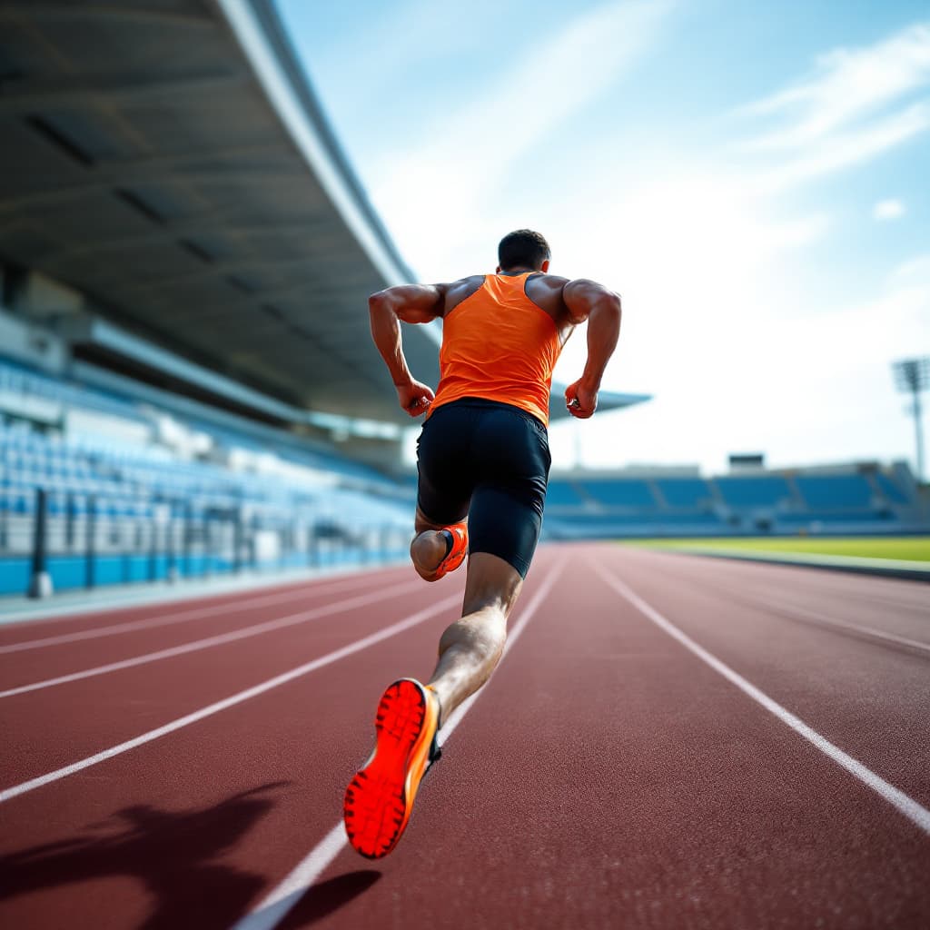 AI generated: A male athlete in an orange tank top and black shorts is sprinting on a professional outdoor running...