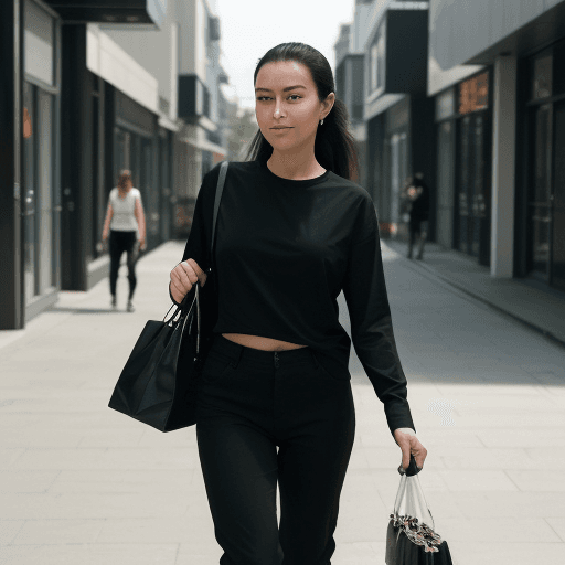 AI generated: The image features a  woman wearing a black shirt and black pants, walking down a street while carry...