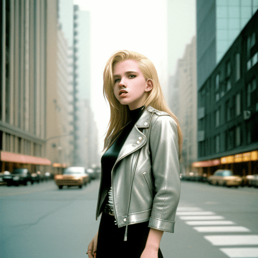 AI generated: Street style photo of a grunge style woman in the streets of 1990 Manhattan standing in front of a s...