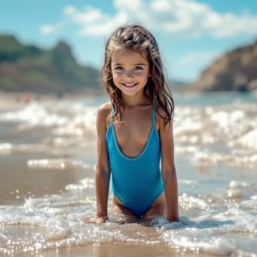 AI generated: High resolution photography of young girl in blue swimsuit on the beach