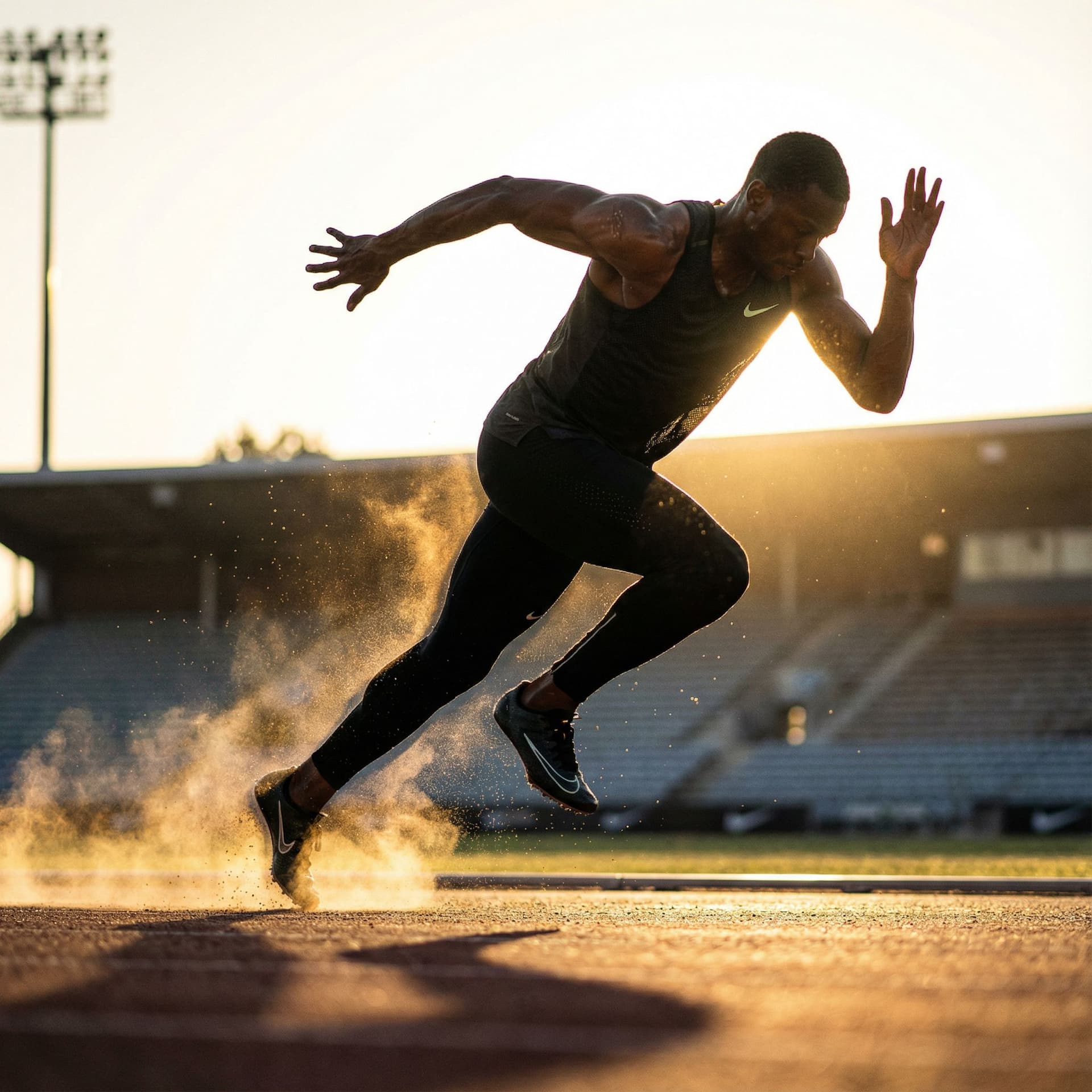 AI generated: A high-impact cinematic shot of a professional track-and-field athlete in mid-sprint, ultra-dynamic ...
