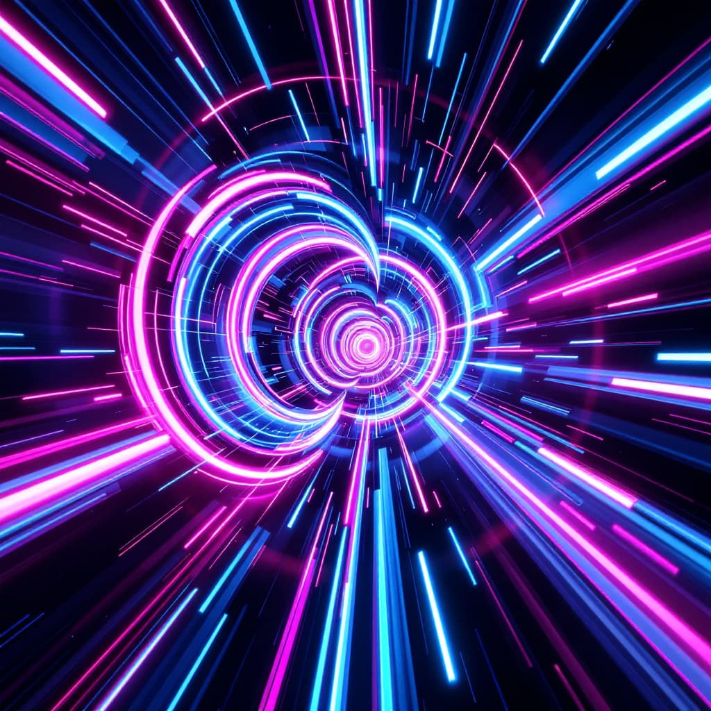 AI generated: Abstract light tunnel, swirling neon vortex, pink and blue streaks of light, glowing portals, sense ...