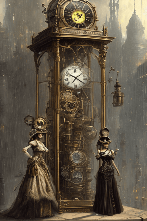 AI generated: time machine, haze, a woman in a steampunk outfit and a helmet on her head stands out of the time ma...