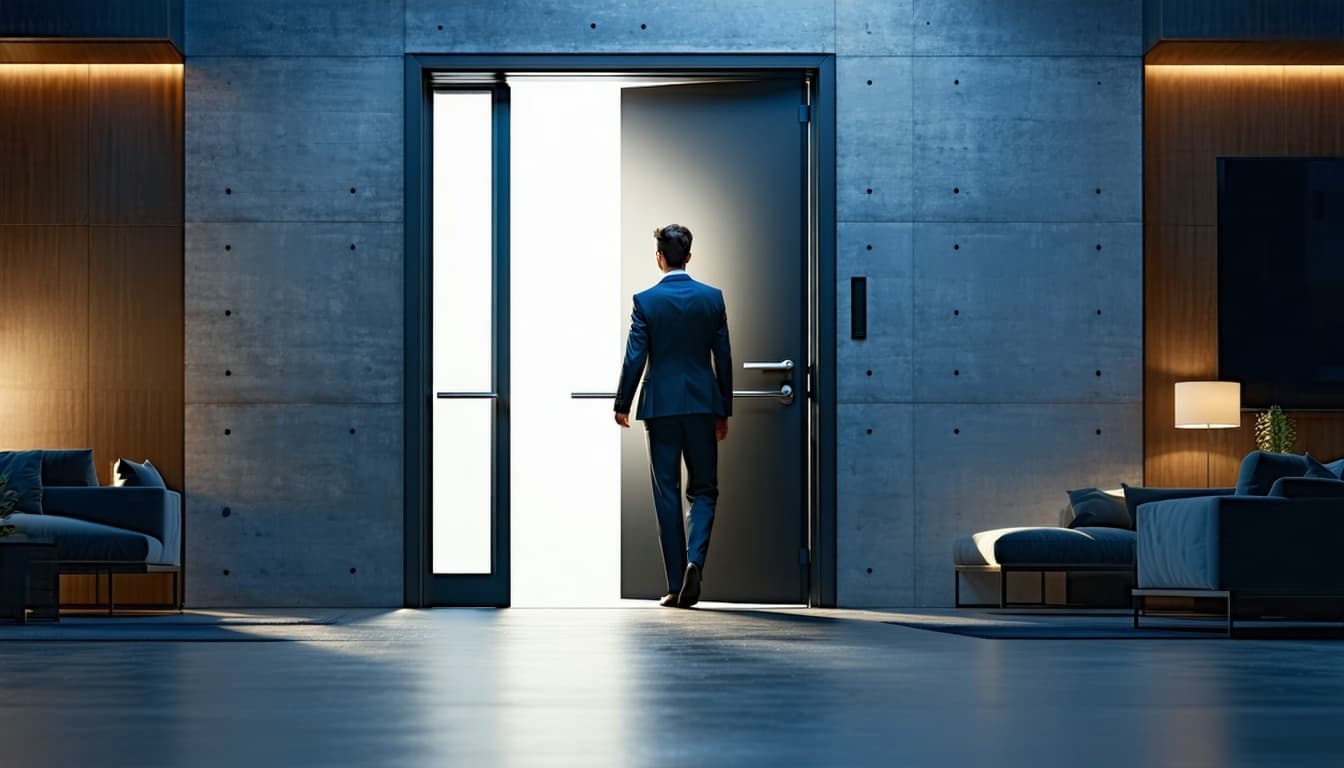 AI generated: A sleek, minimalist, expensive office door, the room is bathed in natural dusk light. Someone is ent...