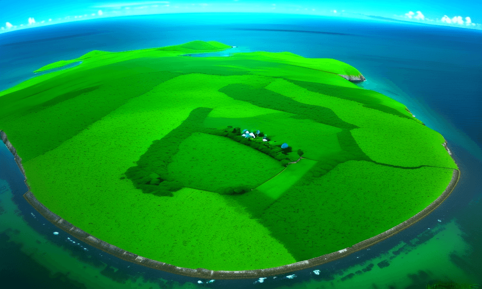 AI generated: bird's eye view high up looking down of a simple island, green with vegetation, land only. you can s...
